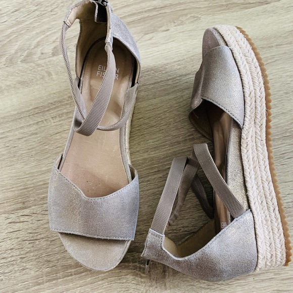 Eileen Fisher Shoes - Eileen Fisher Metallic Suede Cross Strap Espadrille Wedge Sandals